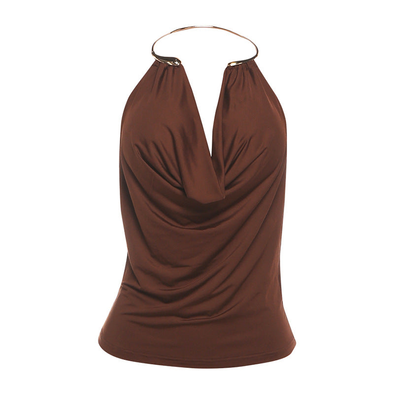 Women’s Low-Cut Plunging Metal Halter Bodycon Tank Top
