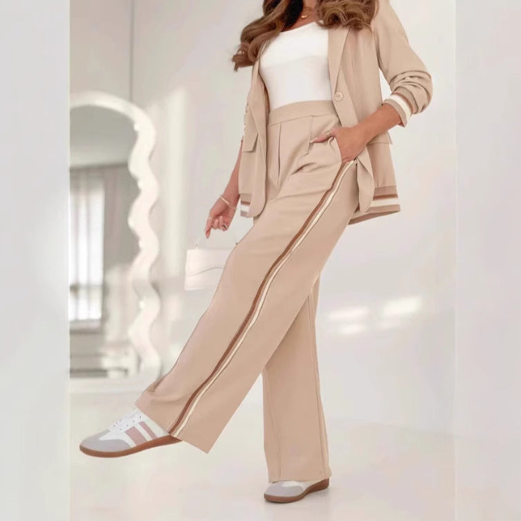 Women’s Lapel Collar Blazer & Wide Leg Pants Set – Elegant Long Sleeve Jacket High Waist Trousers 2 Piece Office Suit