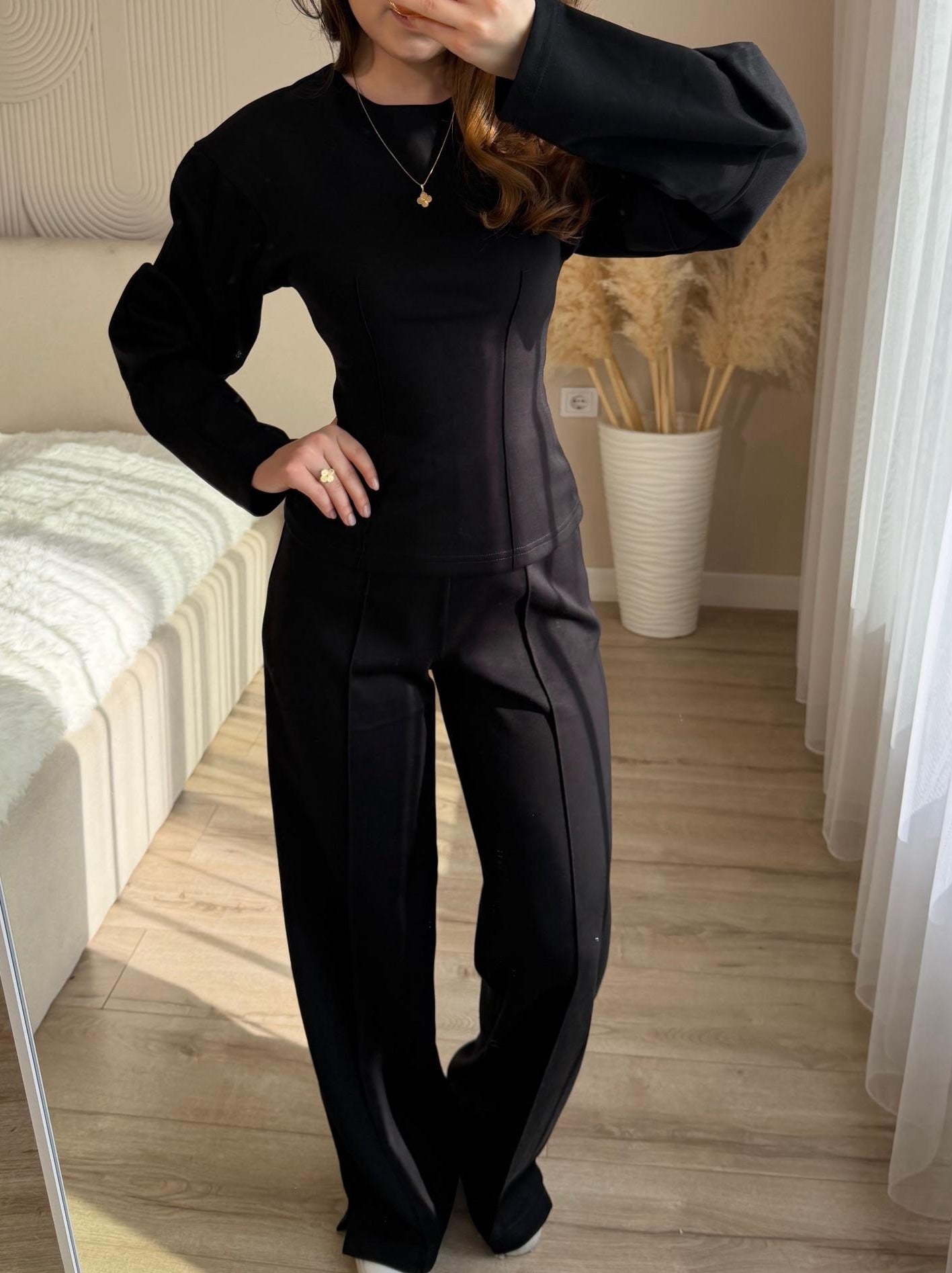 Chic Long Sleeve O-Neck Top and High Waist Pants Two Piece Set