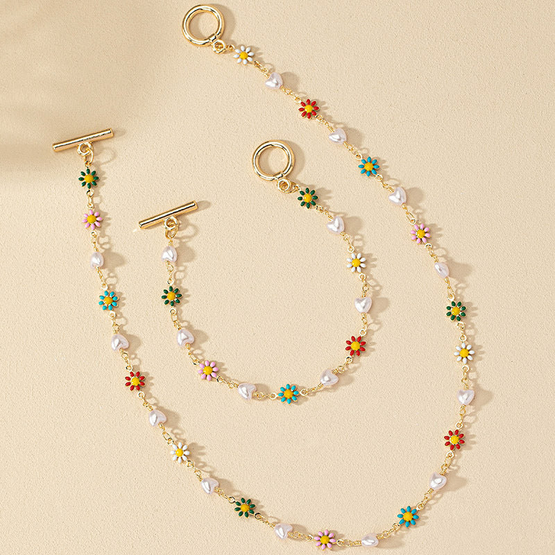 Colorful Daisy Bracelet and Necklace Set for Women, Floral Jewelry Set, Cute Everyday Commuter Accessories