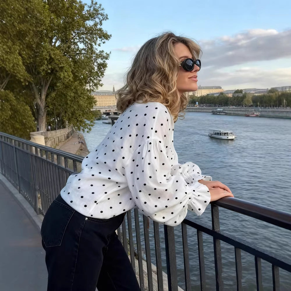 Loose Casual Polka-Dot Shirt With Front Buttons