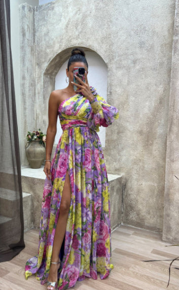 Floral Print One Shoulder Split Maxi Dress – Sexy Long Sleeve Summer Beach Vacation Dress for Womenn