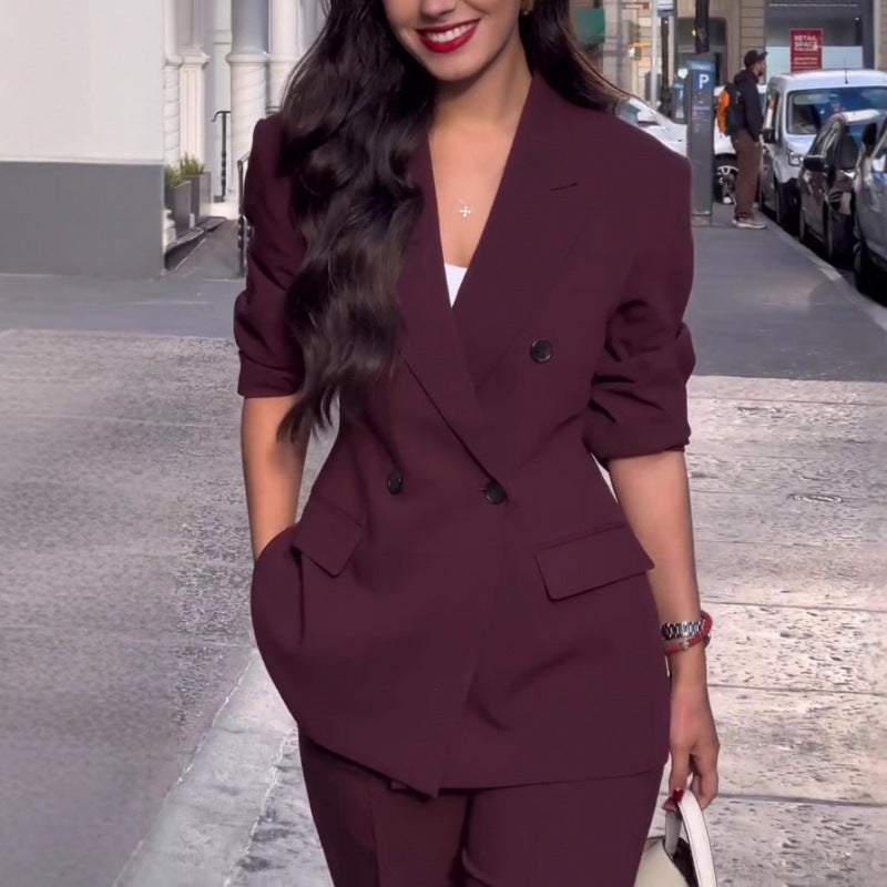 Women’s Stylish V-Neck Blazer Suit – Elegant 2-Piece Office Outfit