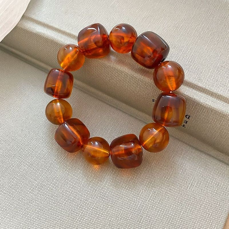 Vintage Beaded Amber Blooming Resin Wide Bracelet