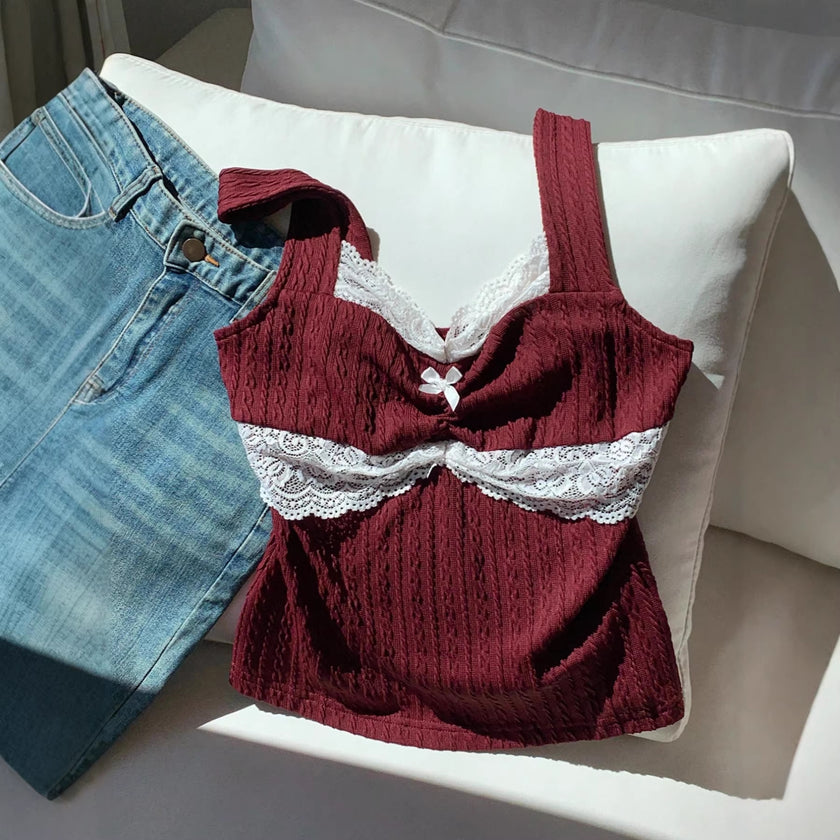 Women’s Lace Trim Bow Vest Top – Slim Fit Waistcoat Style