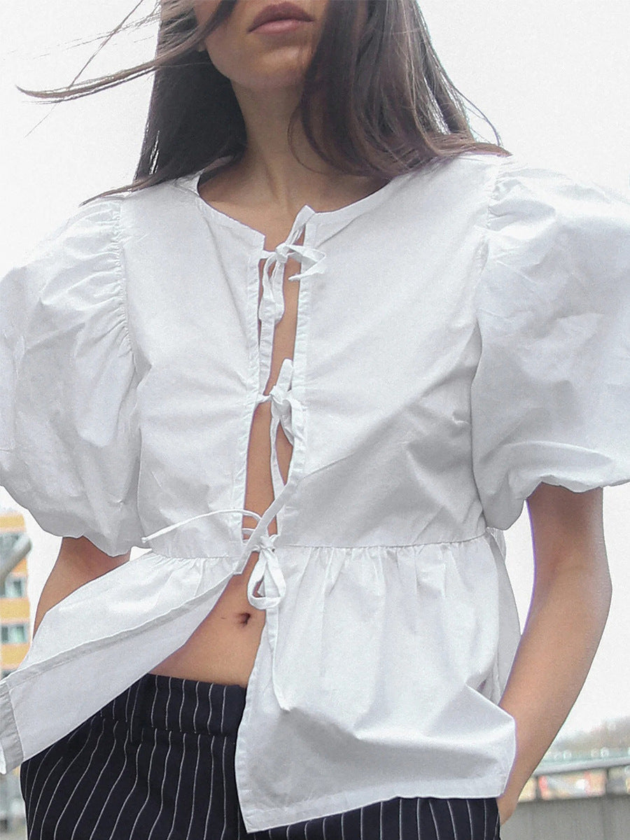 Cotton Lace Up Round Neck Loose Short Sleeved Top