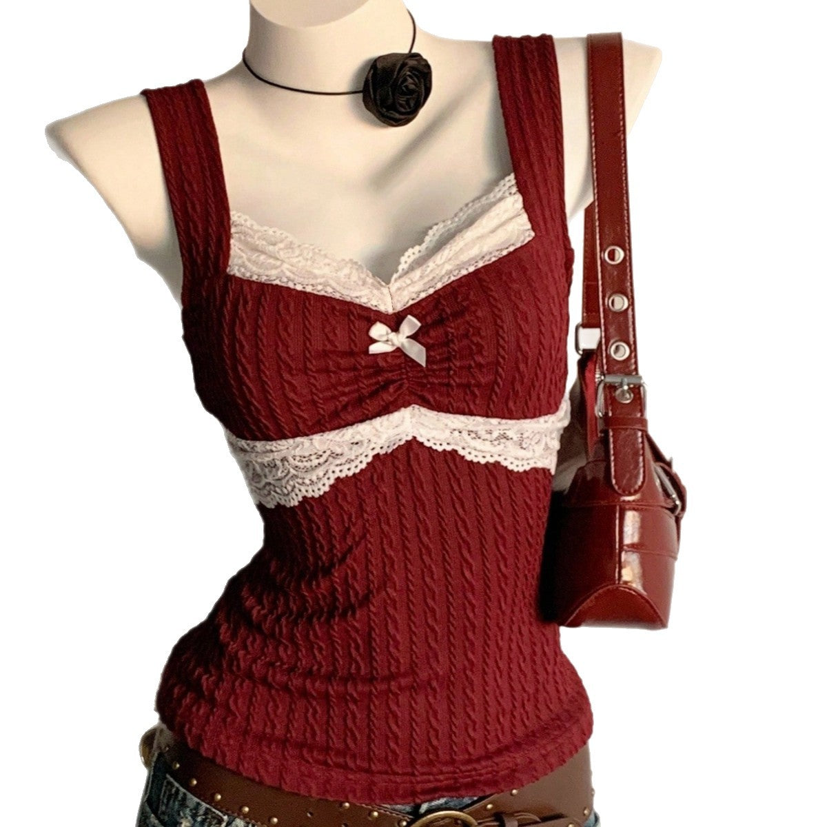 Women’s Lace Trim Bow Vest Top – Slim Fit Waistcoat Style