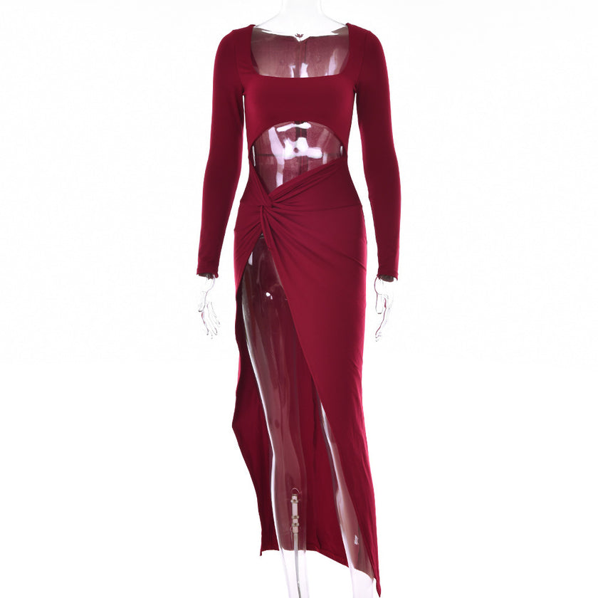 Women’s Long Sleeve Hollow U-Neck Split Party Dress