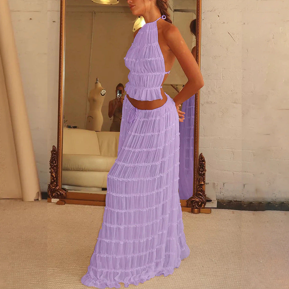 “2-Piece Women’s Summer Dress Set – Sexy Sleeveless Backless Cropped Halter Top & Pleated Long Skirt”