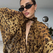 Leopard-print Hollow-out Small Stand-up Collar Long-sleeve Shirt