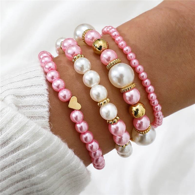 4pcs Set Simple White Faux Pearls Beads Beaded Heart Temperament Bracelet Set Elegant Handmade Hand String Jewelry Accessory