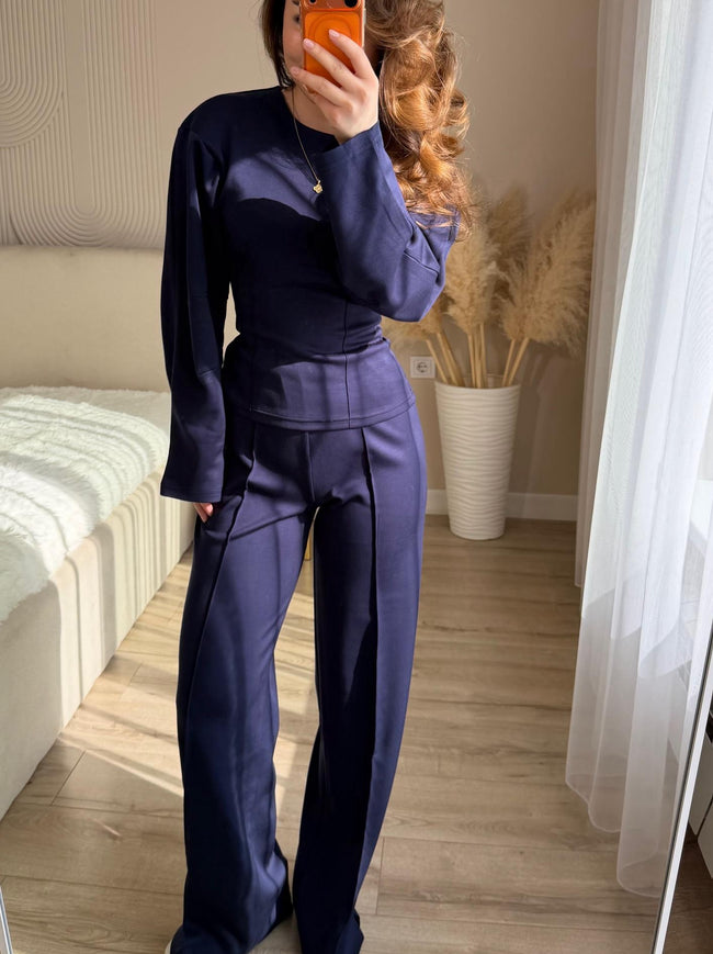 Chic Long Sleeve O-Neck Top and High Waist Pants Two Piece Set