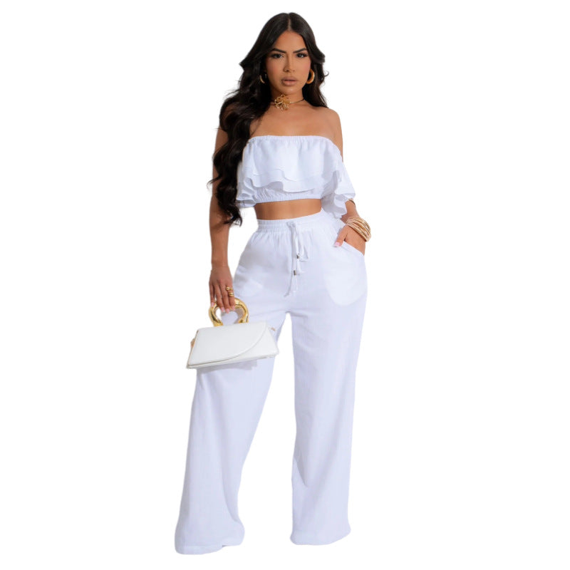 “Women Off-Shoulder 2-Piece Set – Ruffled Crop Top & Wide-Leg Pants”