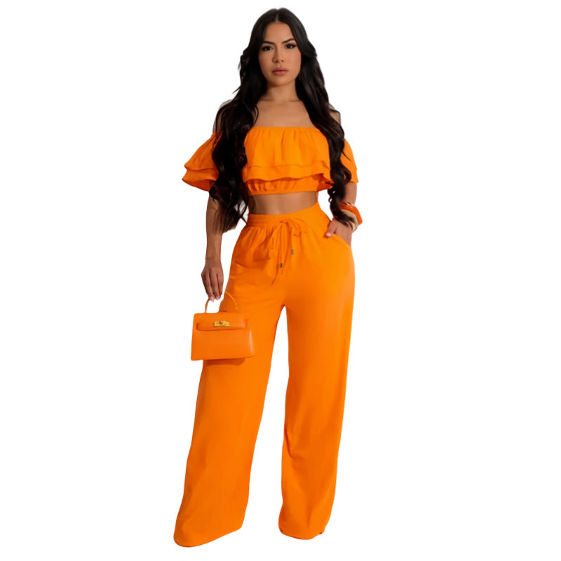 “Women Off-Shoulder 2-Piece Set – Ruffled Crop Top & Wide-Leg Pants”