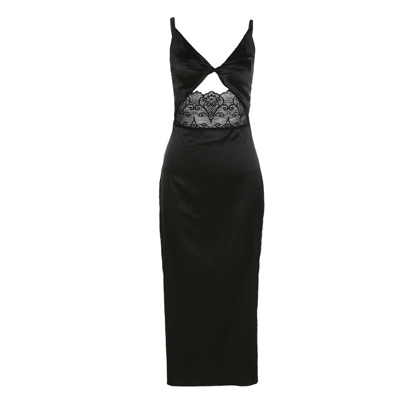 Sexy V-neck Dress With Backless Lace Stitching