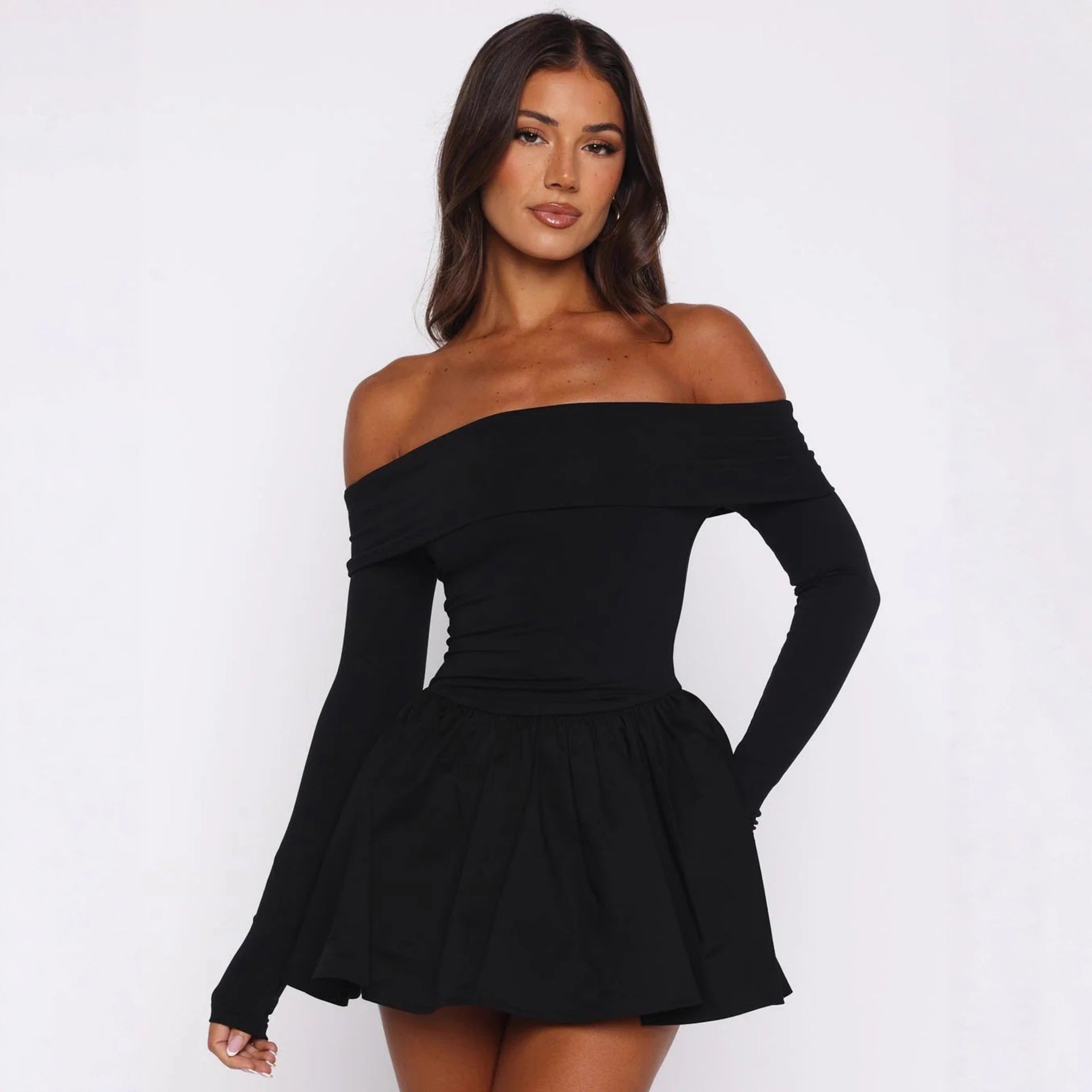 Womens Solid-Color Fashion Strapless Long-Sleeve Dress