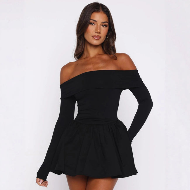 Womens Solid-Color Fashion Strapless Long-Sleeve Dress