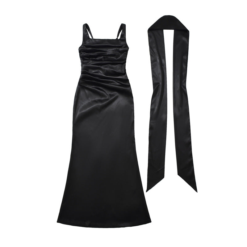 Elegant Strapless Square Neck Bodycon Dress – Pleated Waist Slim Fit Sheath Party & Clubwear for Women