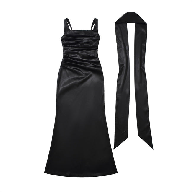 Elegant Strapless Square Neck Bodycon Dress – Pleated Waist Slim Fit Sheath Party & Clubwear for Women