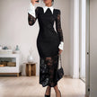 Elegant Lace Long Sleeve Lapel Color  Dress