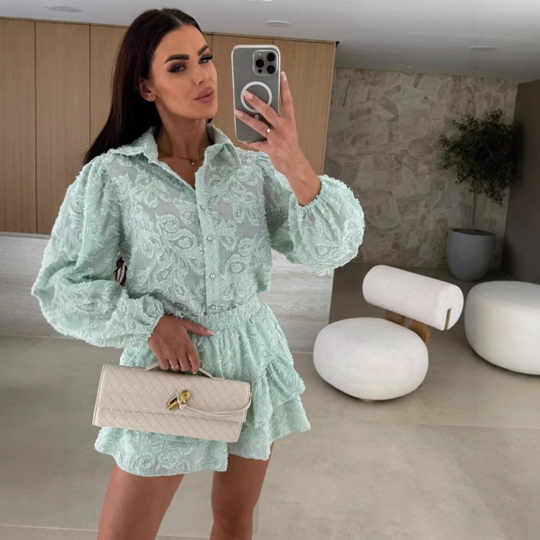 Women’s Casual 2-Piece Set – Long Sleeve Hollow-Out Fashion Outfit
