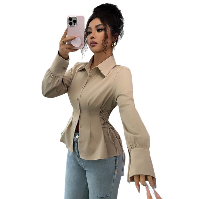 Womens Solid-Color Elegant Buttoned Waist-Cinched Shirt