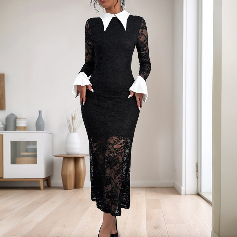 Elegant Lace Long Sleeve Lapel Color  Dress