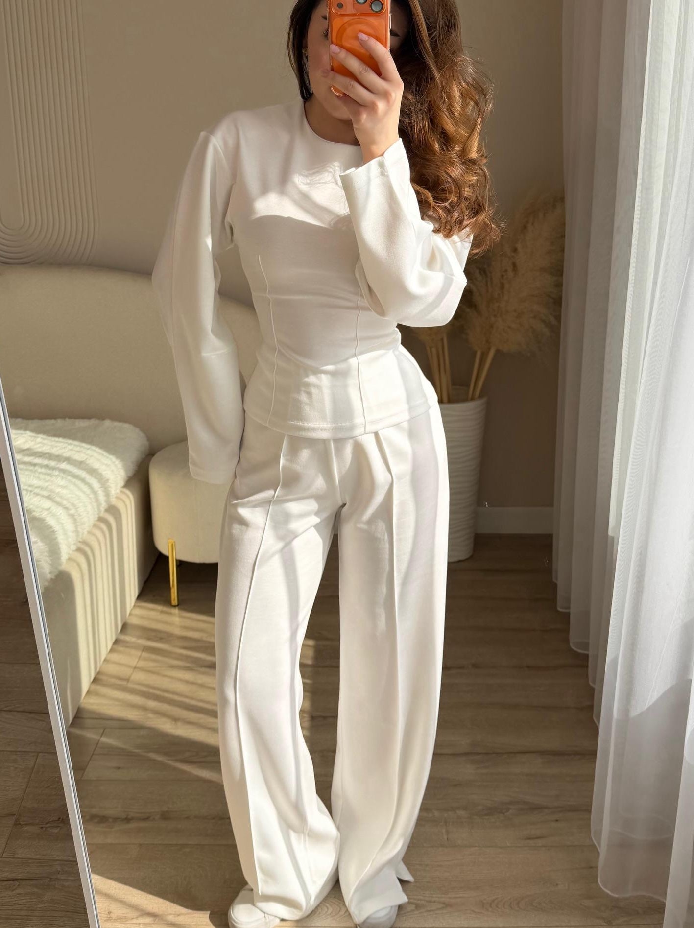 Chic Long Sleeve O-Neck Top and High Waist Pants Two Piece Set