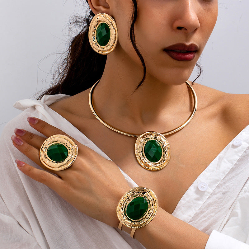 Geometry Round Piece Ear Studs Necklace Bracelet Ring Jewelry Set