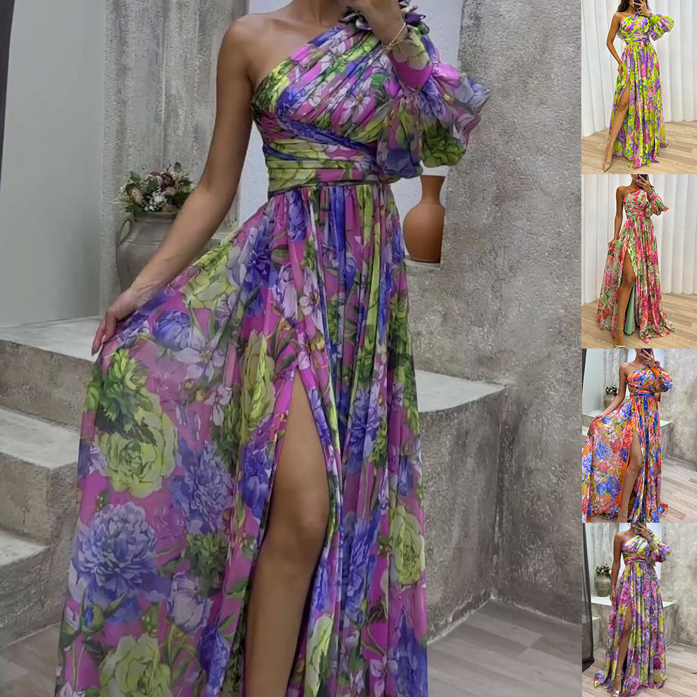 Floral Print One Shoulder Split Maxi Dress – Sexy Long Sleeve Summer Beach Vacation Dress for Womenn