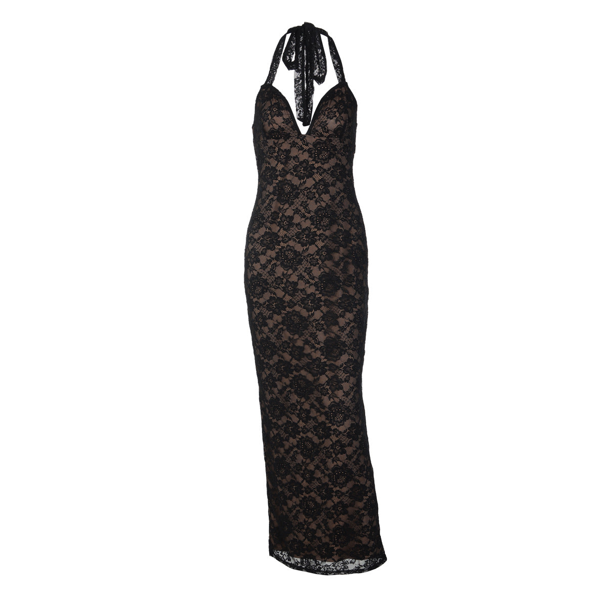 Women's Sexy Deep-V Lace Halterneck Lace-Up Dress