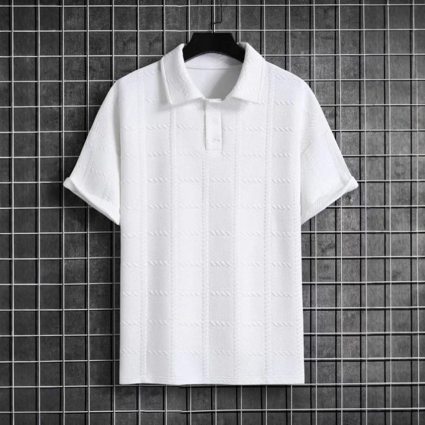 Men’s Textured Short Sleeve Polo Shirt – Casual Turn-Down Collar Summer Top