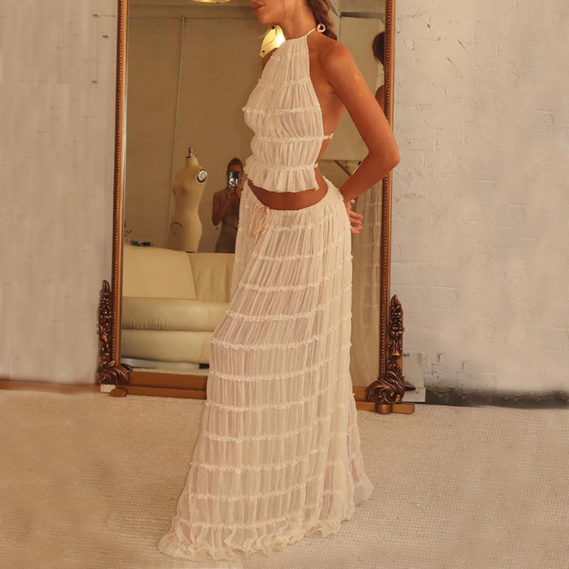 “2-Piece Women’s Summer Dress Set – Sexy Sleeveless Backless Cropped Halter Top & Pleated Long Skirt”