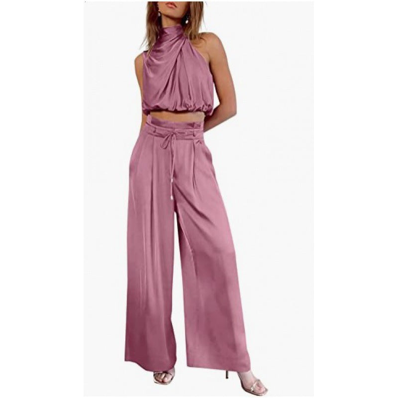 “Women Summer 2-Piece Set – Sleeveless Crop Top & Wide Leg Pants Casual Outfit”