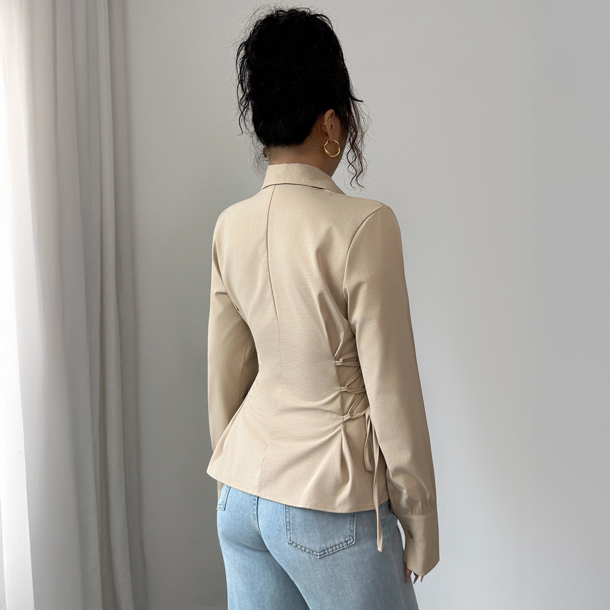 Womens Solid-Color Elegant Buttoned Waist-Cinched Shirt