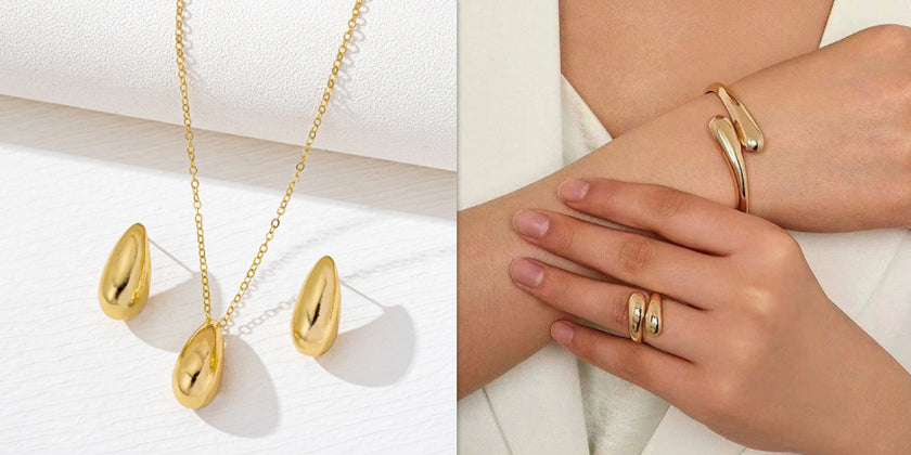 Golden Teardrop-shaped Necklace And Earring Set