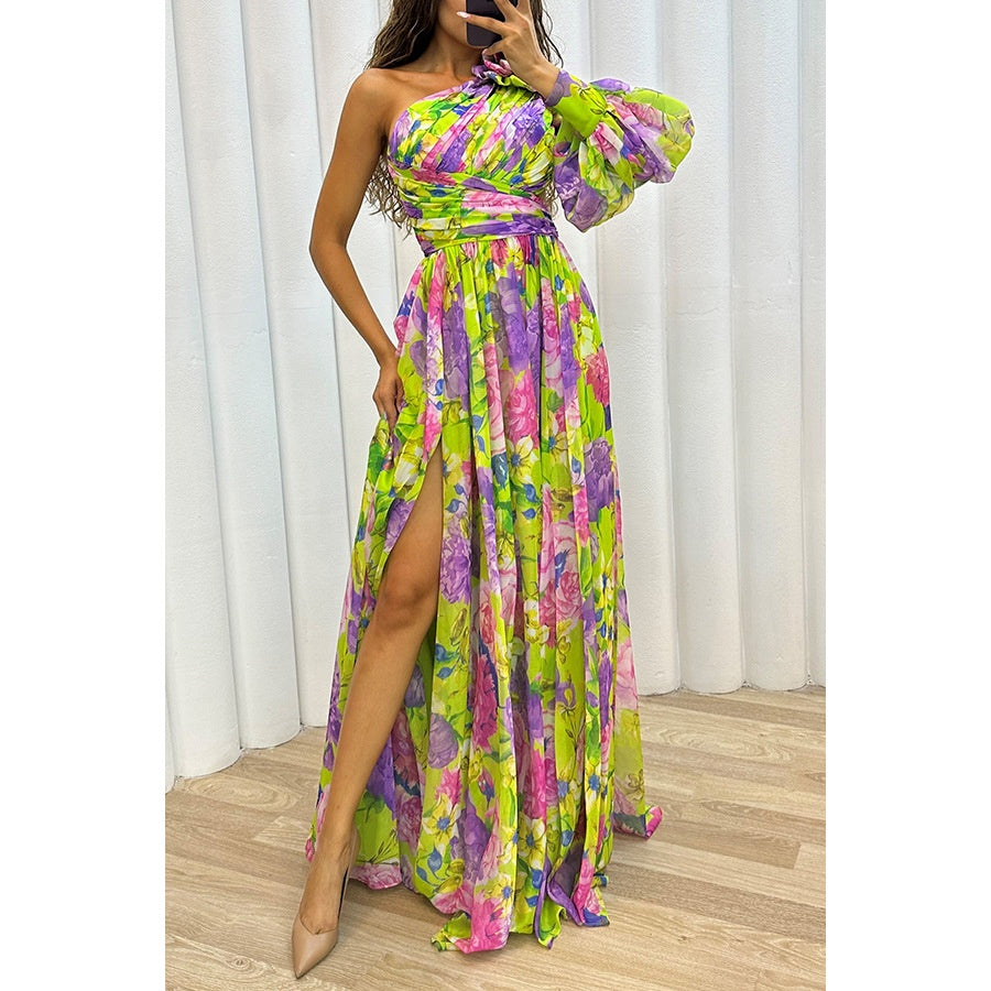 Floral Print One Shoulder Split Maxi Dress – Sexy Long Sleeve Summer Beach Vacation Dress for Womenn