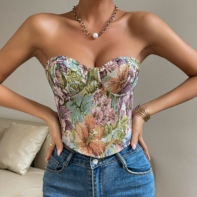 Floral Print Tube Vest Top With Back-tied Design