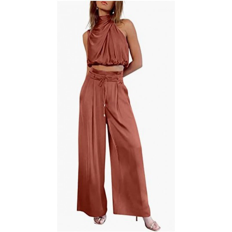 “Women Summer 2-Piece Set – Sleeveless Crop Top & Wide Leg Pants Casual Outfit”