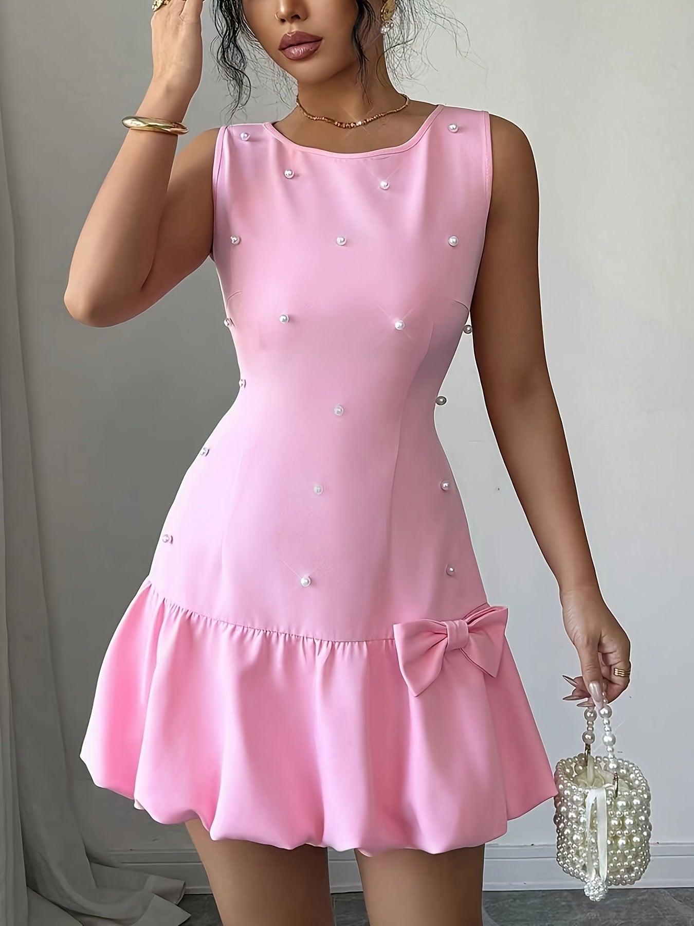 French Elegant Pearl Bow Mini Dress – Sleeveless Round Neck Summer Chic Outfit