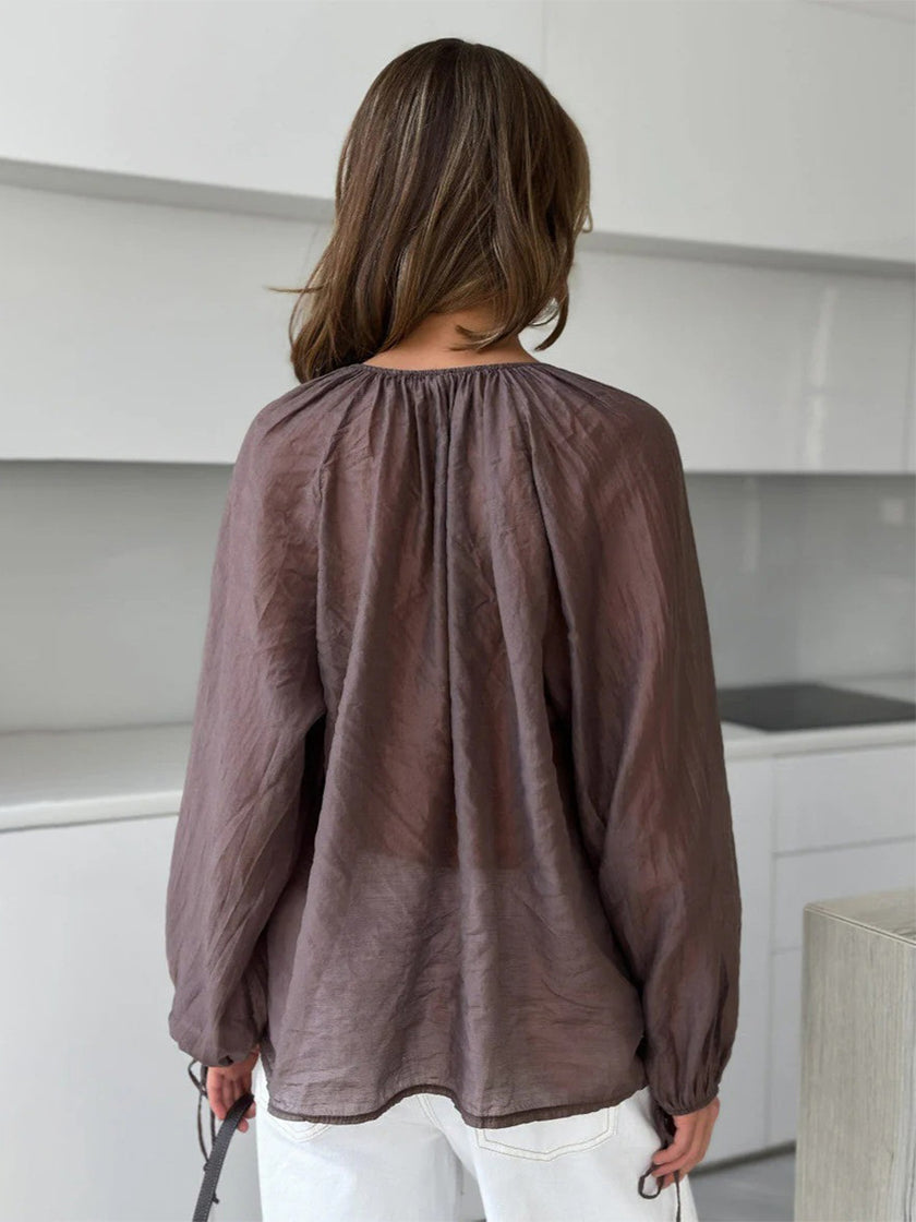 Lotus Leaf Edge Tied Lantern Sleeve Semi Transparent Thin Shirt