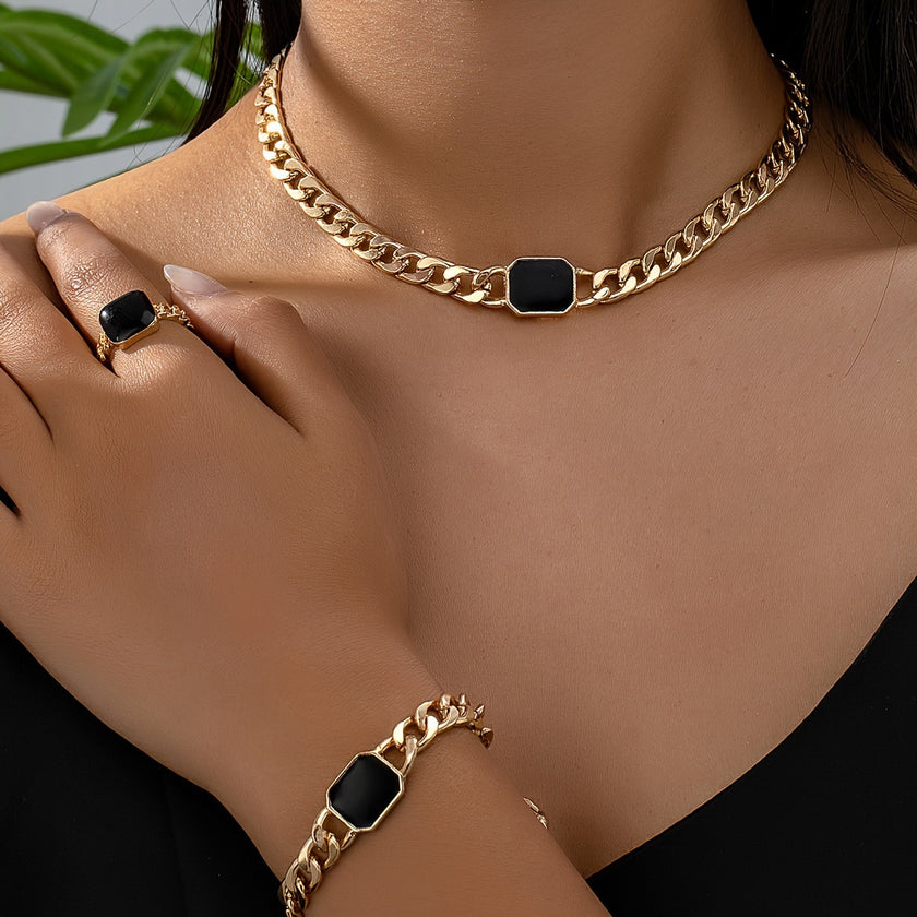 Geometric Square Chain Necklace Bracelet Ring Jewelry Set